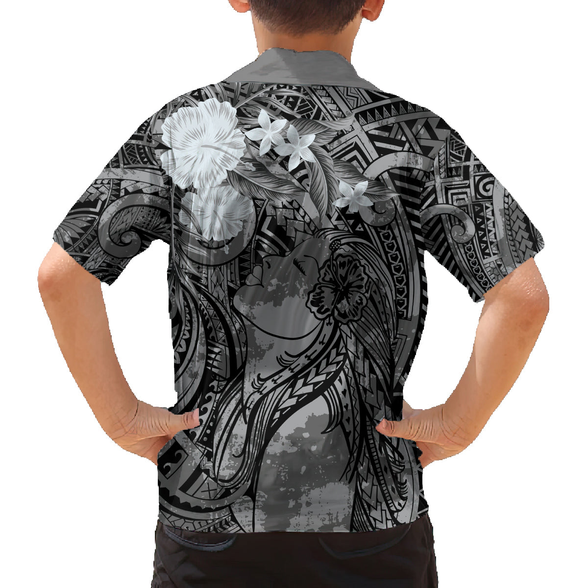 Pacific Beauty Girl Family Matching Off The Shoulder Long Sleeve Dress and Hawaiian Shirt Black Polyneisan Tribal Vintage Motif