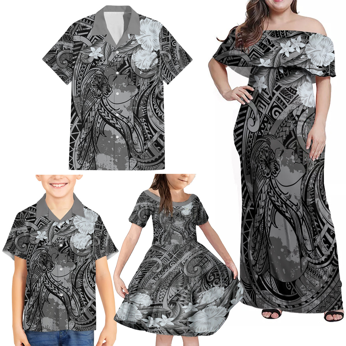Pacific Beauty Girl Family Matching Off Shoulder Maxi Dress and Hawaiian Shirt Black Polyneisan Tribal Vintage Motif LT9 - Polynesian Pride