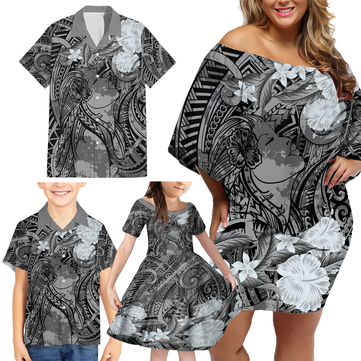 Pacific Beauty Girl Family Matching Off Shoulder Short Dress and Hawaiian Shirt Black Polyneisan Tribal Vintage Motif LT9 - Polynesian Pride