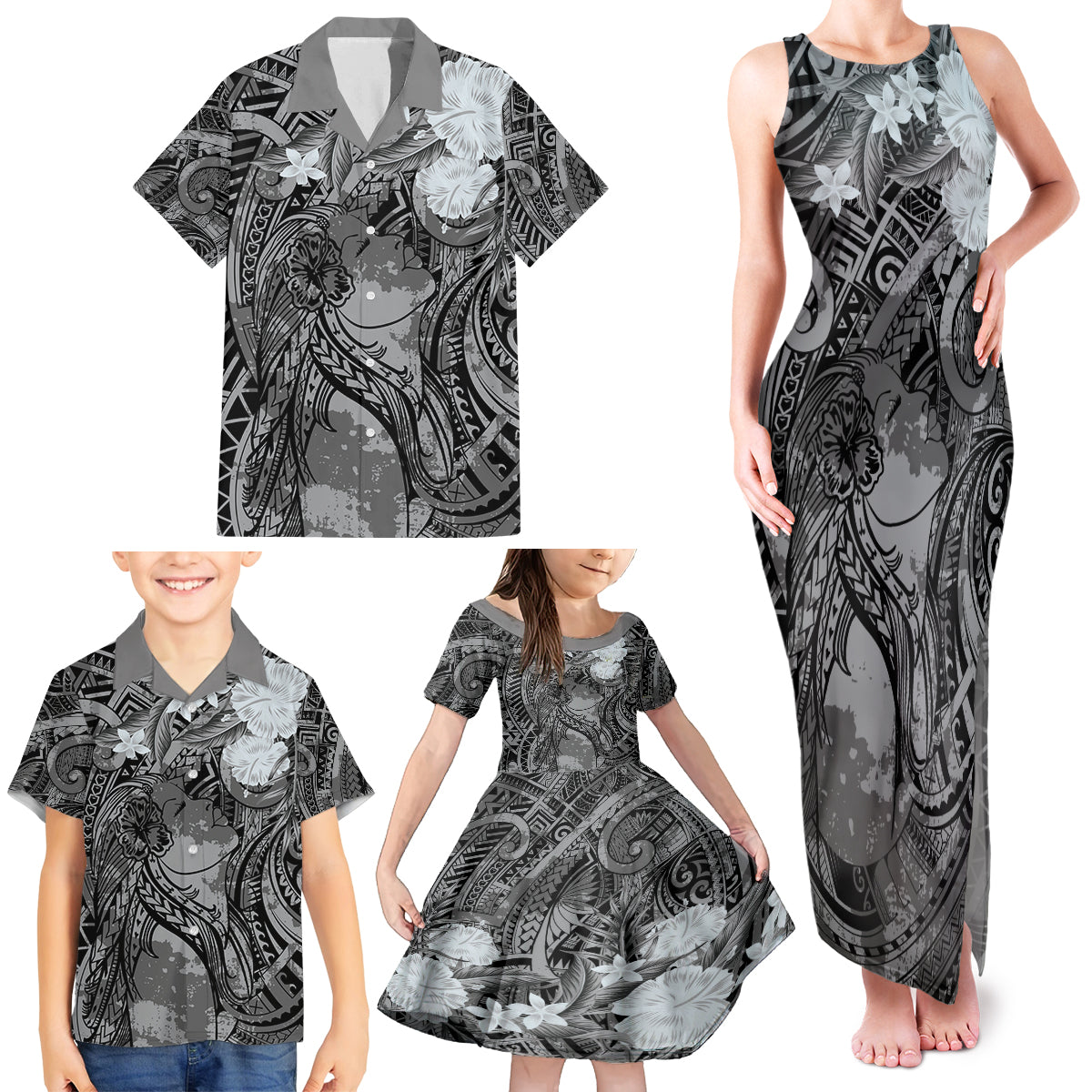 Pacific Beauty Girl Family Matching Tank Maxi Dress and Hawaiian Shirt Black Polyneisan Tribal Vintage Motif LT9 - Polynesian Pride