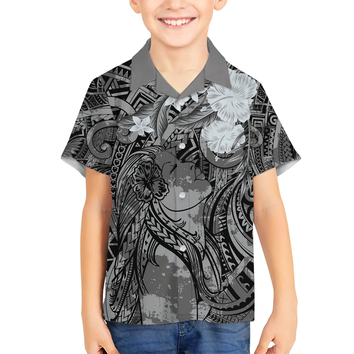 Pacific Beauty Girl Family Matching Tank Maxi Dress and Hawaiian Shirt Black Polyneisan Tribal Vintage Motif