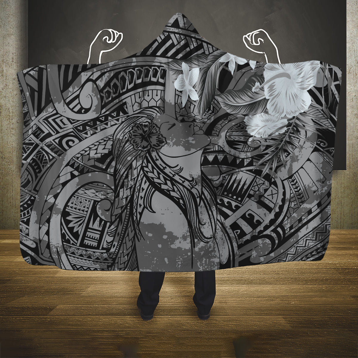 Pacific Beauty Girl Hooded Blanket Black Polyneisan Tribal Vintage Motif LT9 One Size Black - Polynesian Pride