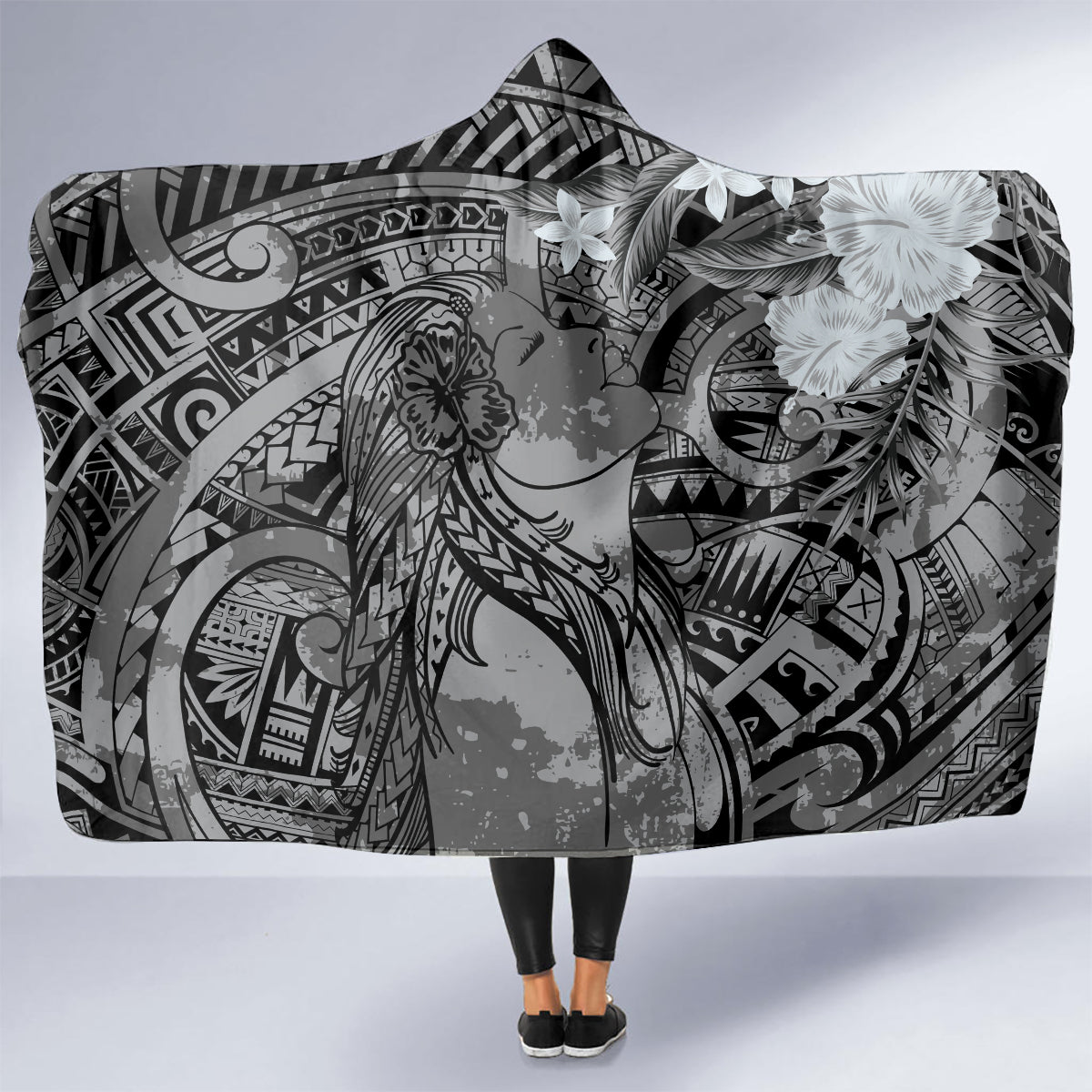 Pacific Beauty Girl Hooded Blanket Black Polyneisan Tribal Vintage Motif LT9 - Polynesian Pride