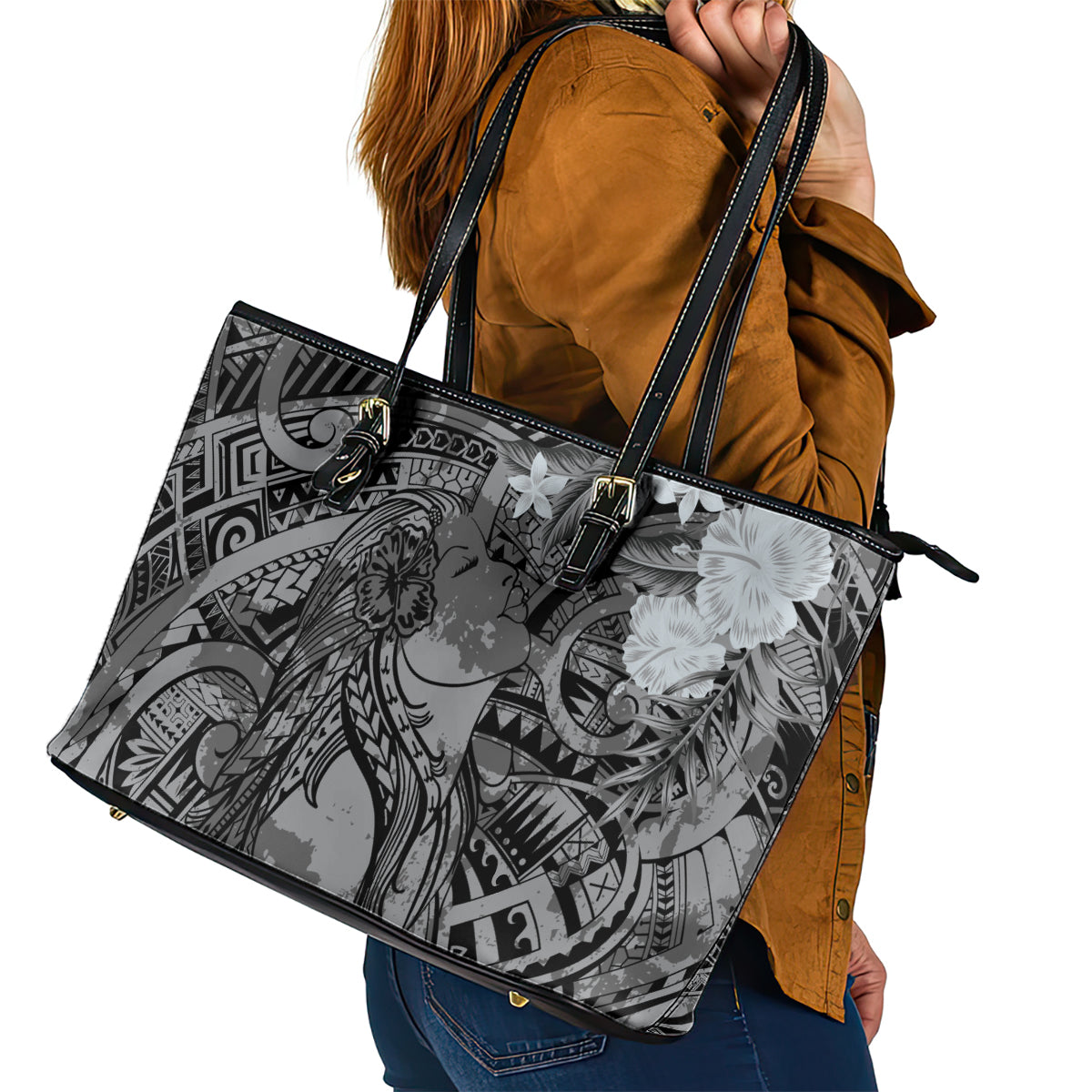 Pacific Beauty Girl Leather Tote Bag Black Polyneisan Tribal Vintage Motif LT9 - Polynesian Pride