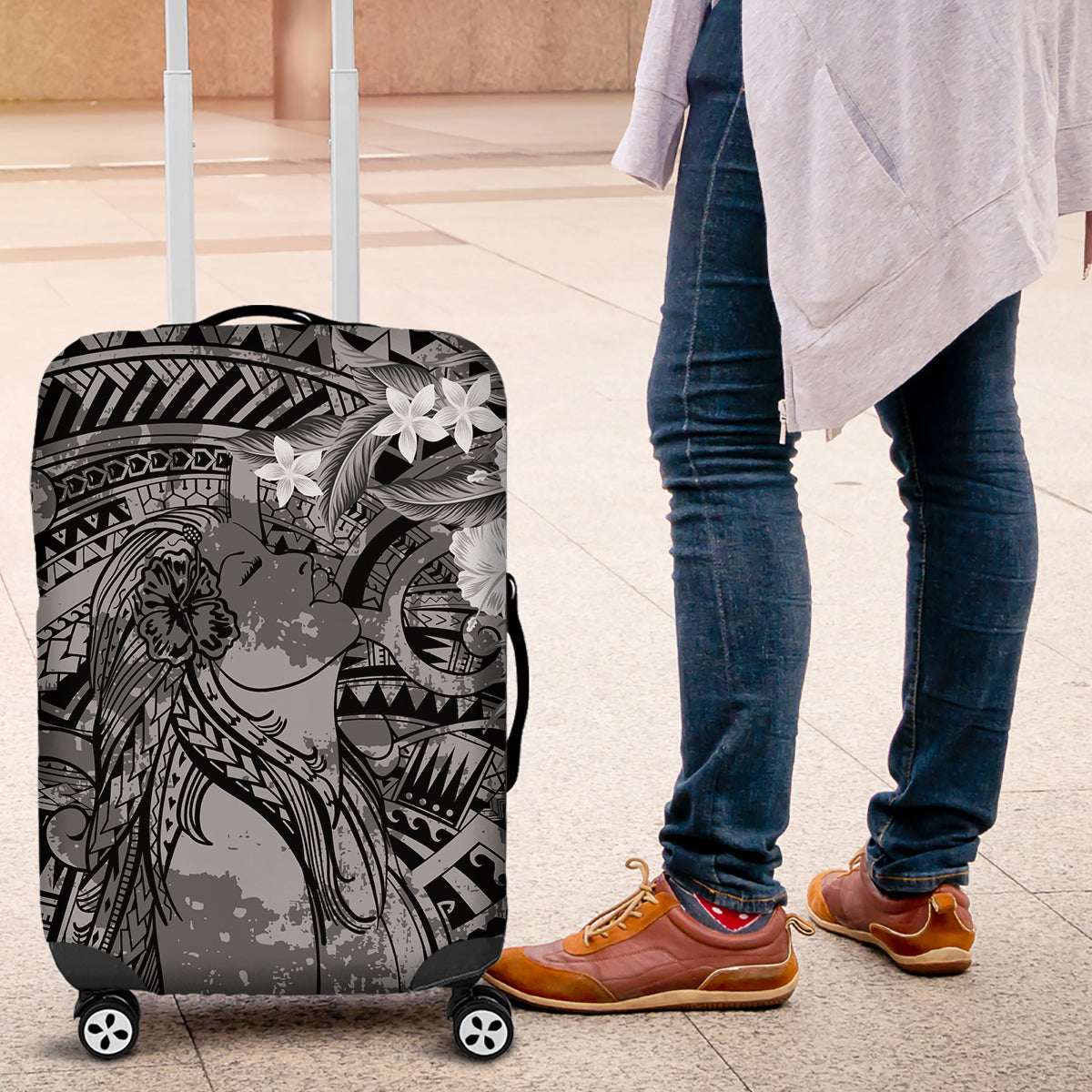 Pacific Beauty Girl Luggage Cover Black Polyneisan Tribal Vintage Motif