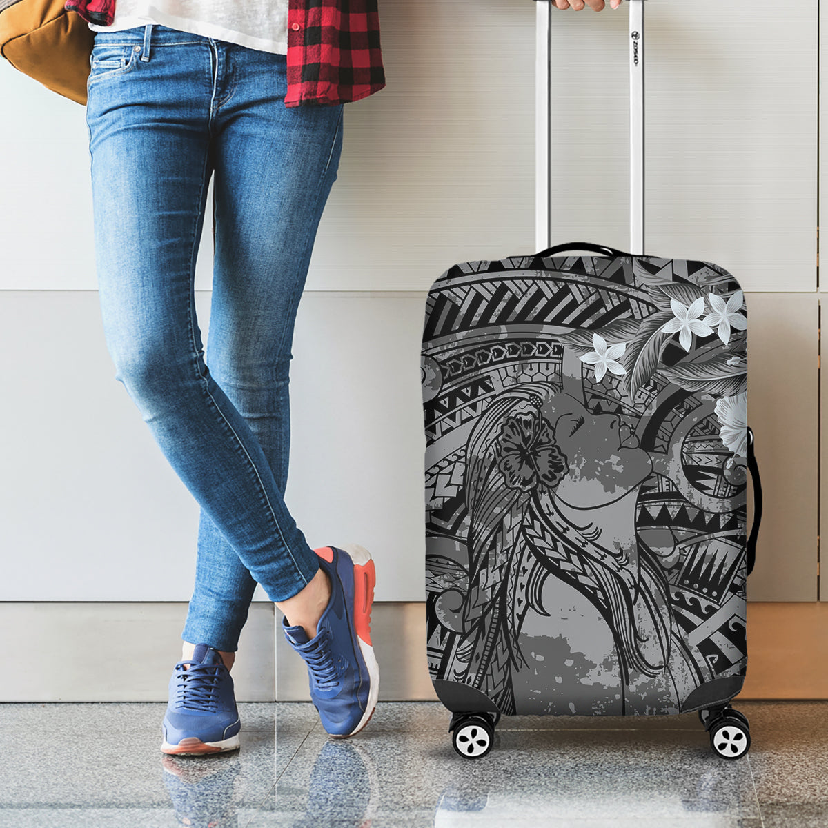 Pacific Beauty Girl Luggage Cover Black Polyneisan Tribal Vintage Motif