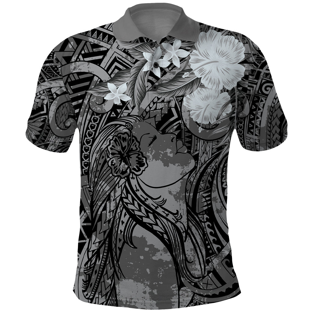 Pacific Beauty Girl Polo Shirt Black Polyneisan Tribal Vintage Motif
