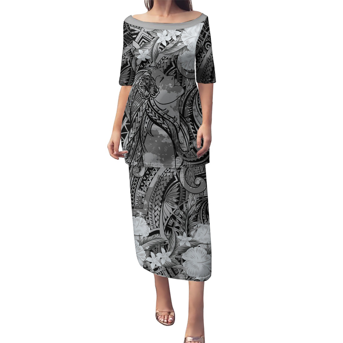 Pacific Beauty Girl Puletasi Black Polyneisan Tribal Vintage Motif LT9 Long Dress Black - Polynesian Pride