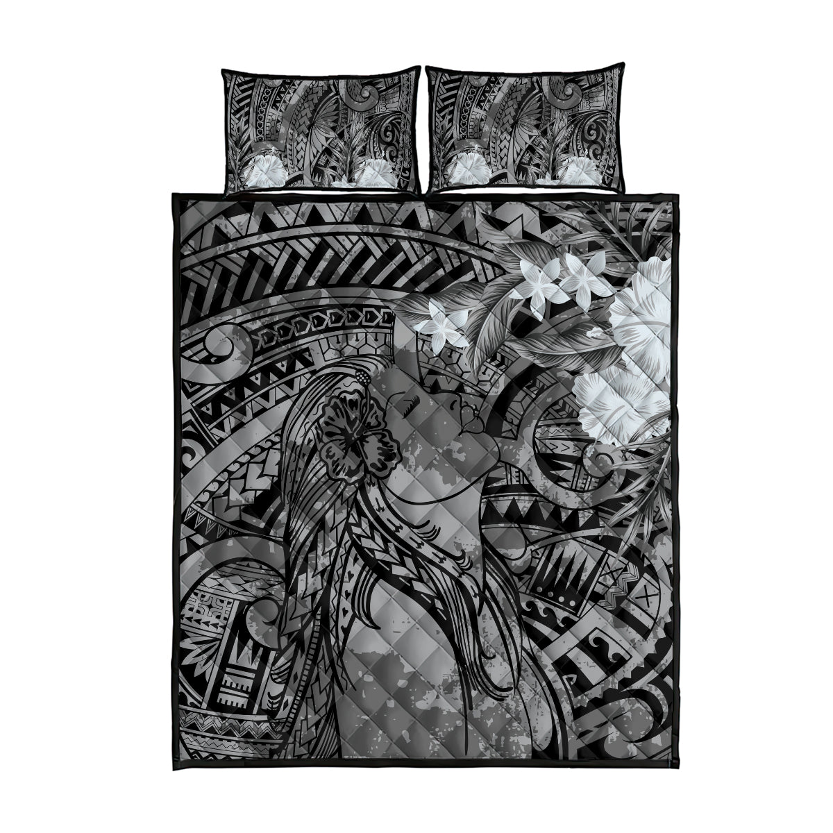 Pacific Beauty Girl Quilt Bed Set Black Polyneisan Tribal Vintage Motif LT9 - Polynesian Pride