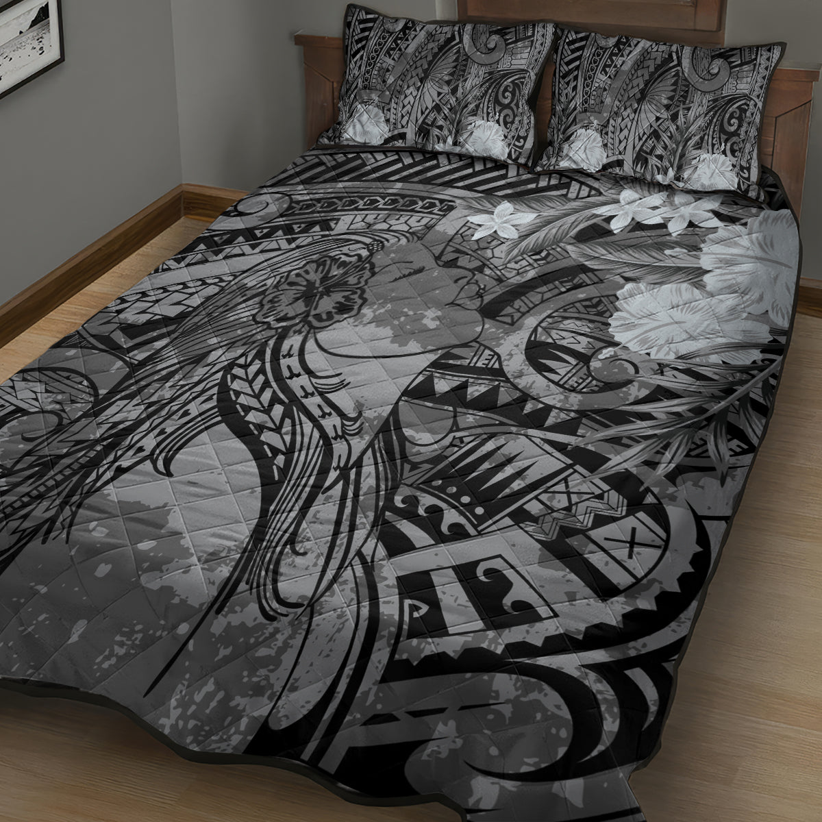 Pacific Beauty Girl Quilt Bed Set Black Polyneisan Tribal Vintage Motif LT9 - Polynesian Pride