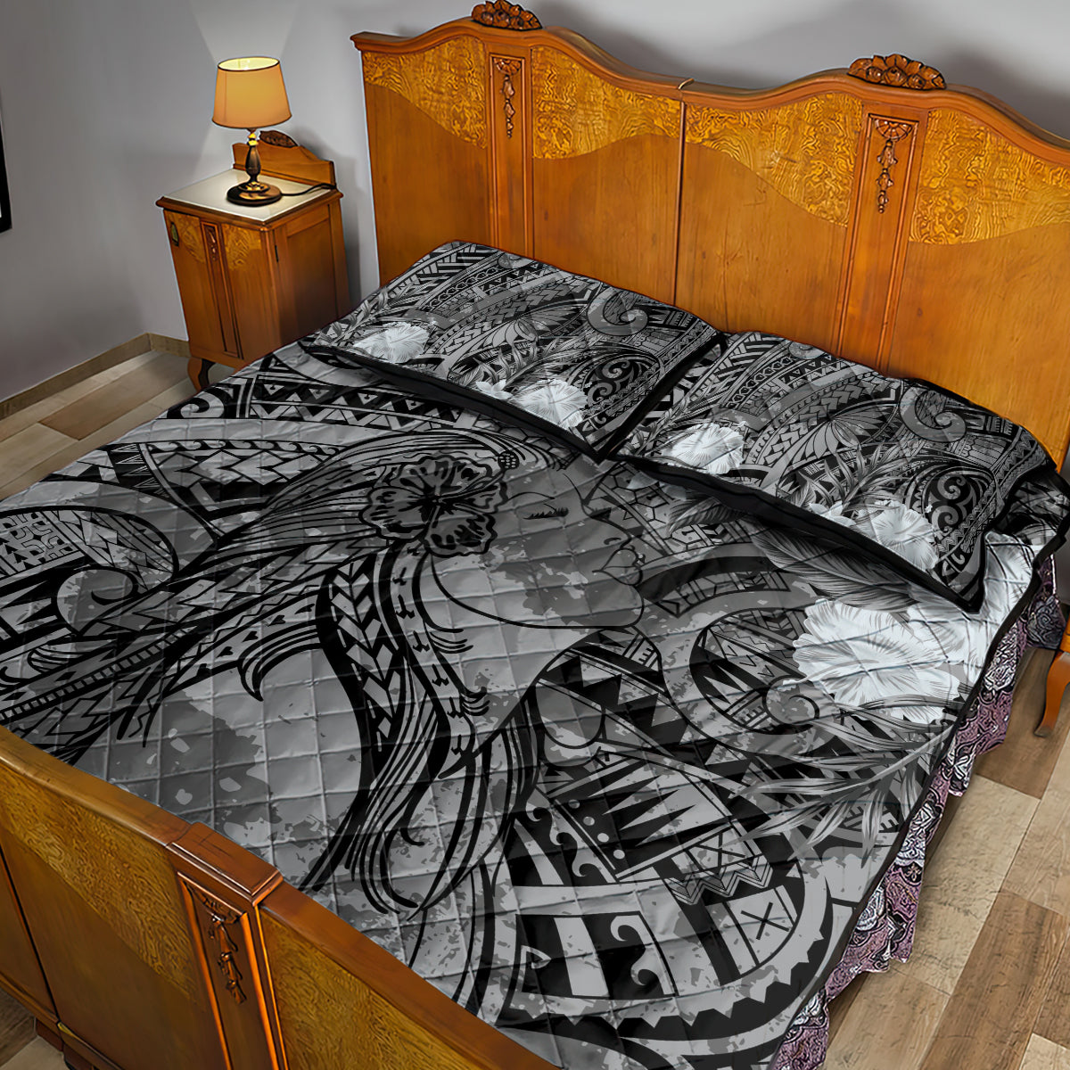 Pacific Beauty Girl Quilt Bed Set Black Polyneisan Tribal Vintage Motif LT9 - Polynesian Pride