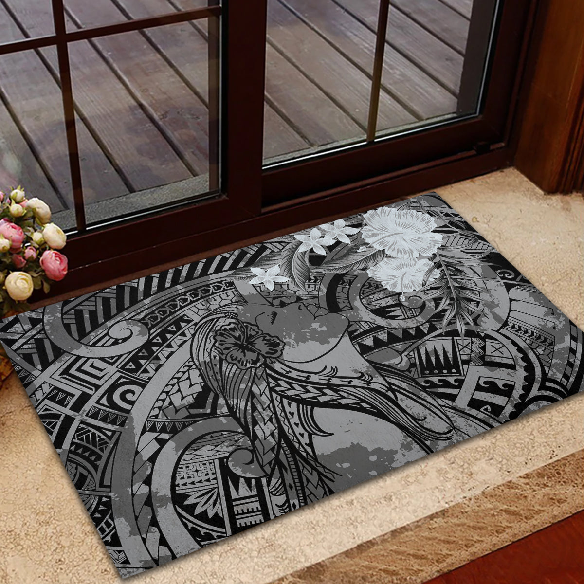 Pacific Beauty Girl Rubber Doormat Black Polyneisan Tribal Vintage Motif LT9 - Polynesian Pride