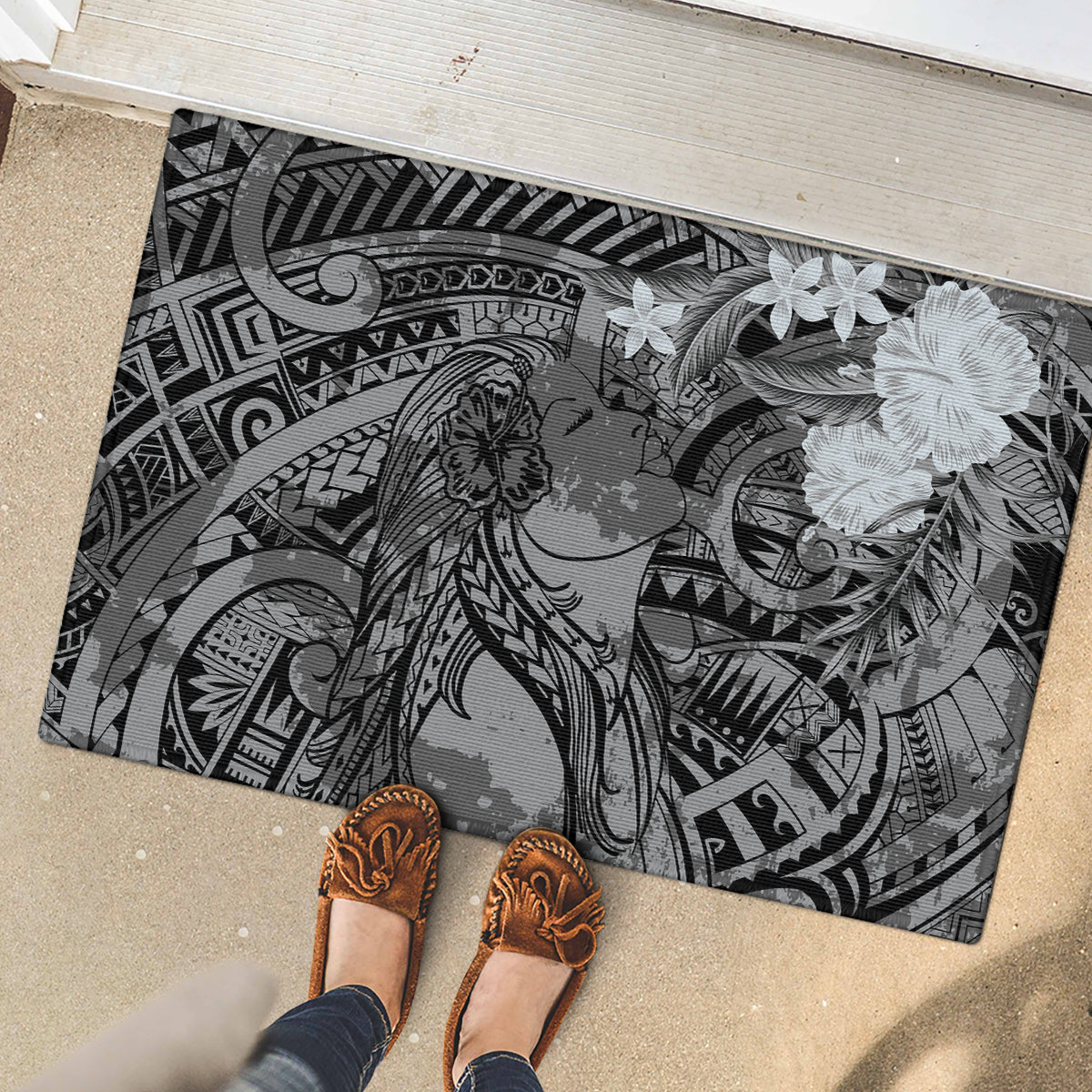 Pacific Beauty Girl Rubber Doormat Black Polyneisan Tribal Vintage Motif LT9 - Polynesian Pride