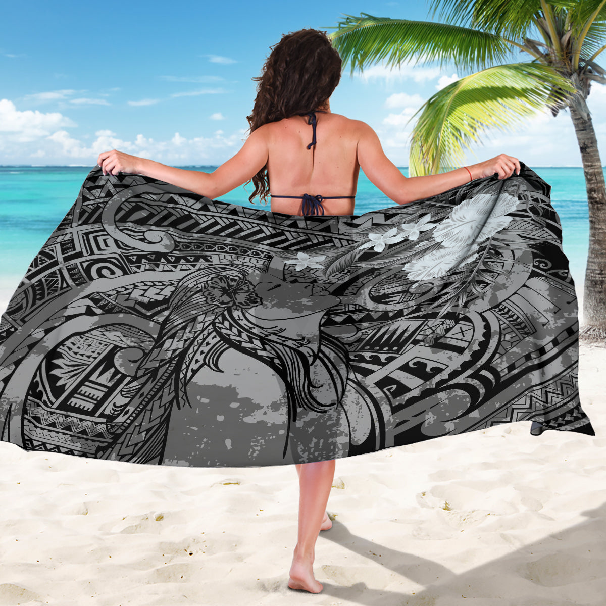 Pacific Beauty Girl Sarong Black Polyneisan Tribal Vintage Motif