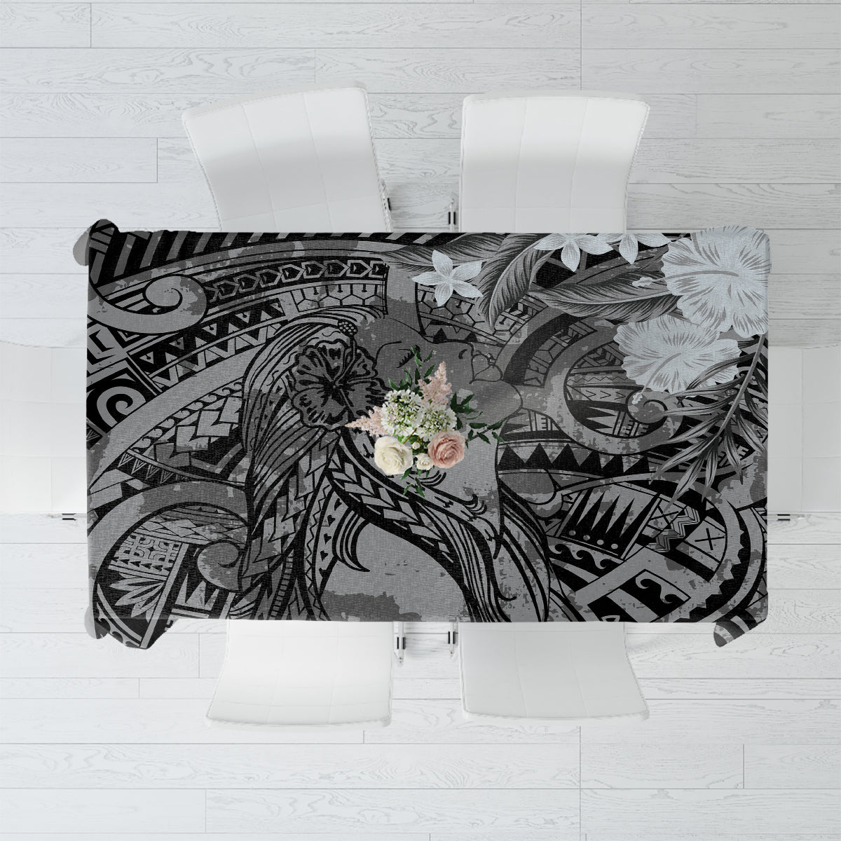 Pacific Beauty Girl Tablecloth Black Polyneisan Tribal Vintage Motif LT9 Black - Polynesian Pride