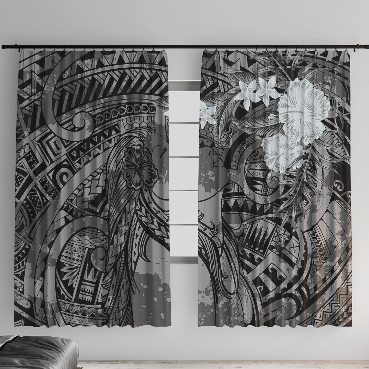 Pacific Beauty Girl Window Curtain Black Polyneisan Tribal Vintage Motif