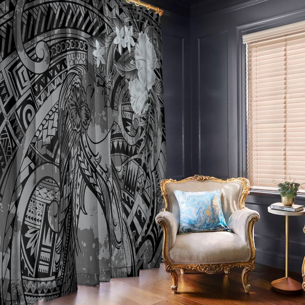 Pacific Beauty Girl Window Curtain Black Polyneisan Tribal Vintage Motif LT9 - Polynesian Pride
