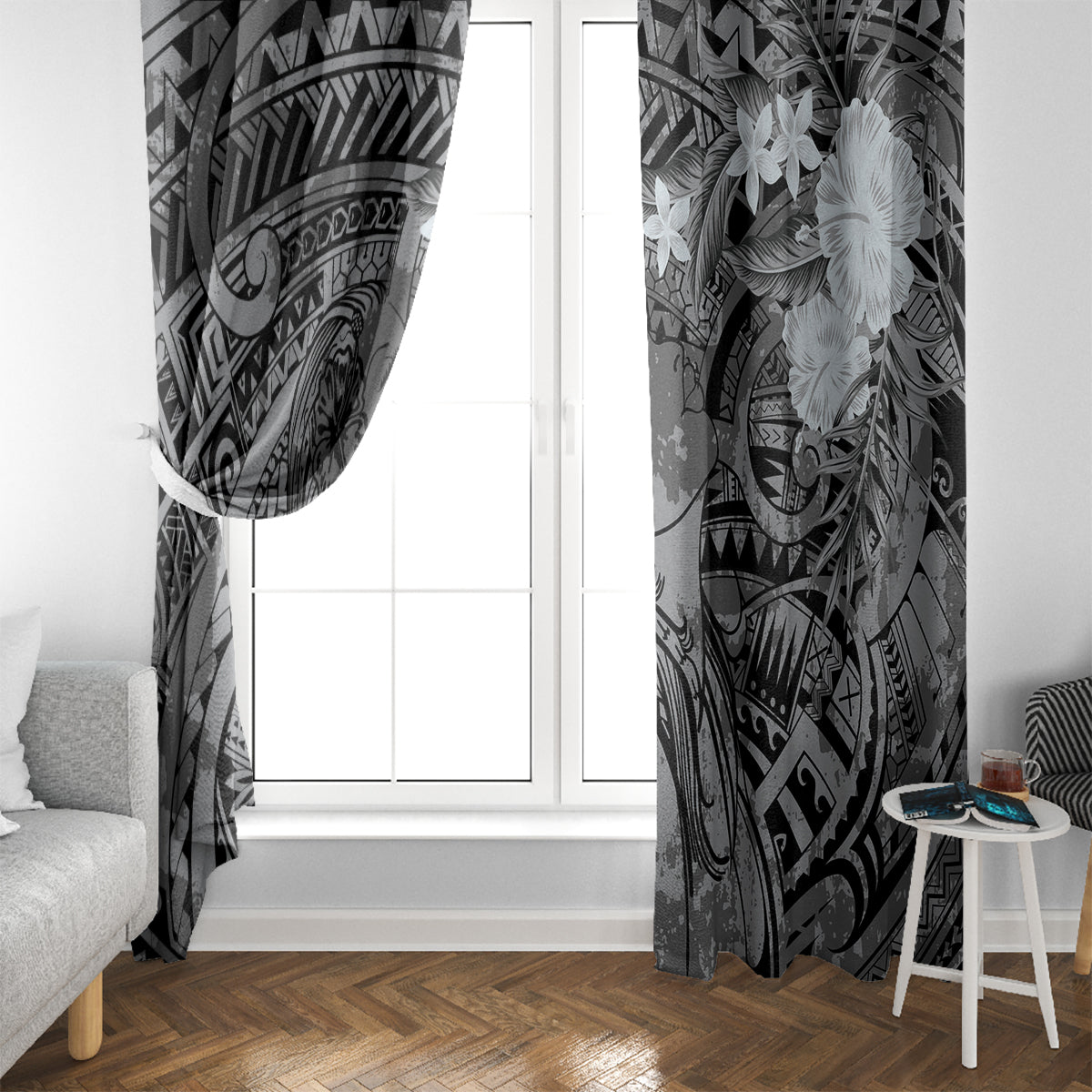 Pacific Beauty Girl Window Curtain Black Polyneisan Tribal Vintage Motif LT9 - Polynesian Pride