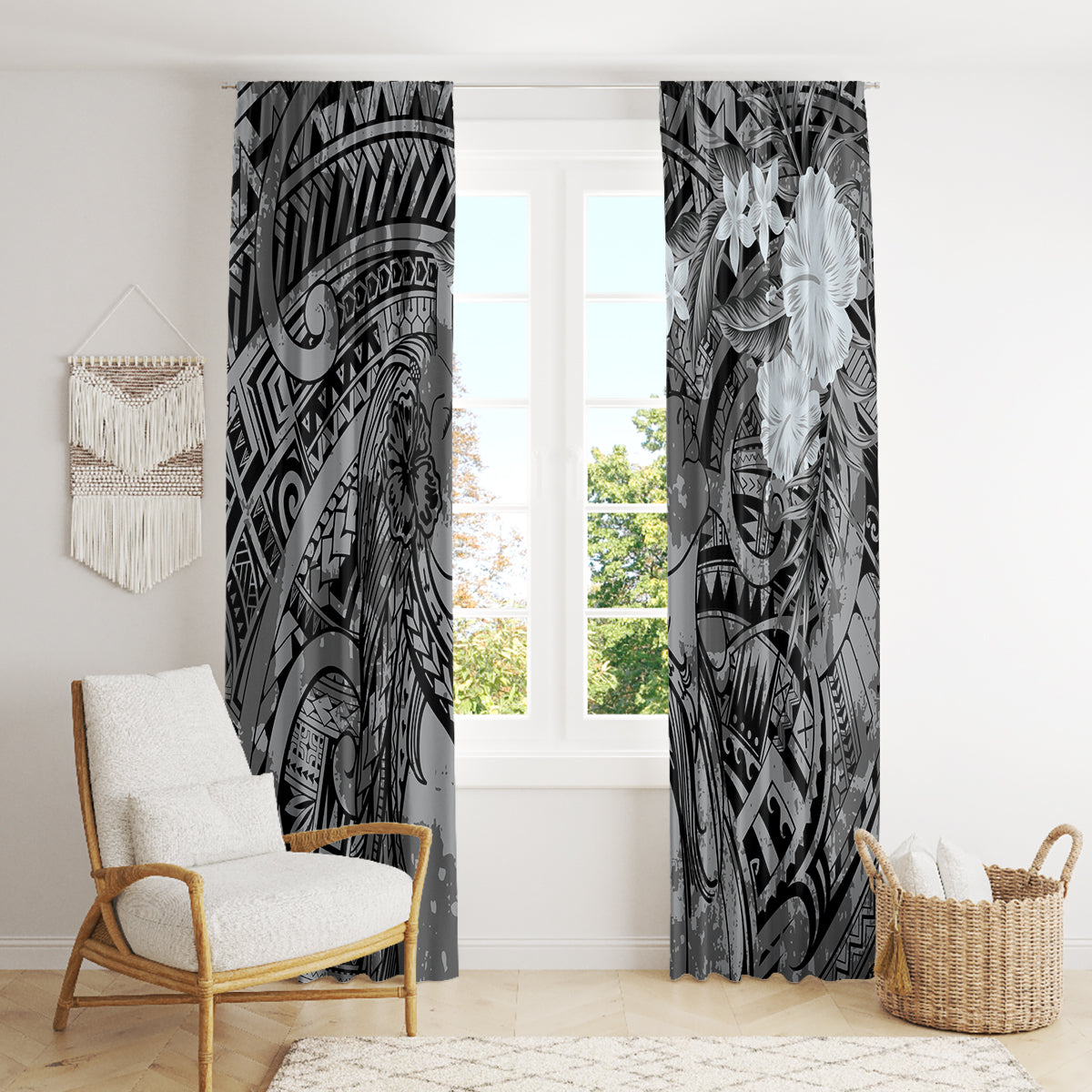 Pacific Beauty Girl Window Curtain Black Polyneisan Tribal Vintage Motif LT9 - Polynesian Pride
