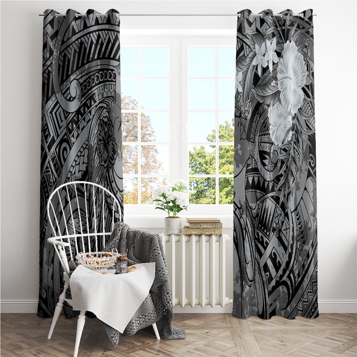 Pacific Beauty Girl Window Curtain Black Polyneisan Tribal Vintage Motif LT9 - Polynesian Pride