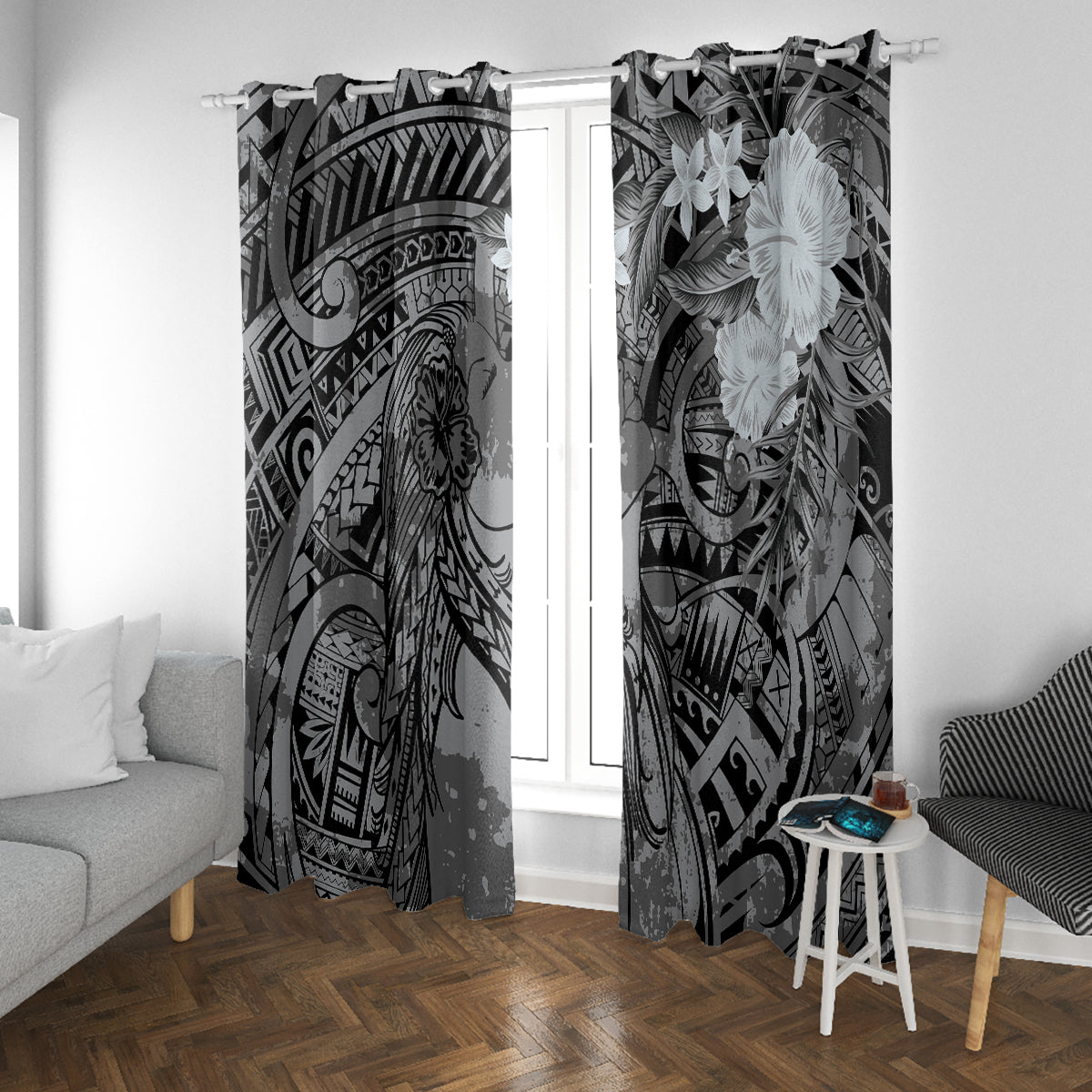 Pacific Beauty Girl Window Curtain Black Polyneisan Tribal Vintage Motif LT9 With Grommets Black - Polynesian Pride