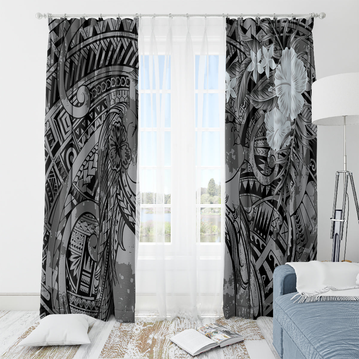 Pacific Beauty Girl Window Curtain Black Polyneisan Tribal Vintage Motif LT9 - Polynesian Pride