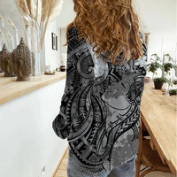 Pacific Beauty Girl Women Casual Shirt Black Polyneisan Tribal Vintage Motif