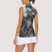 Pacific Beauty Girl Women Sleeveless Polo Shirt Black Polyneisan Tribal Vintage Motif