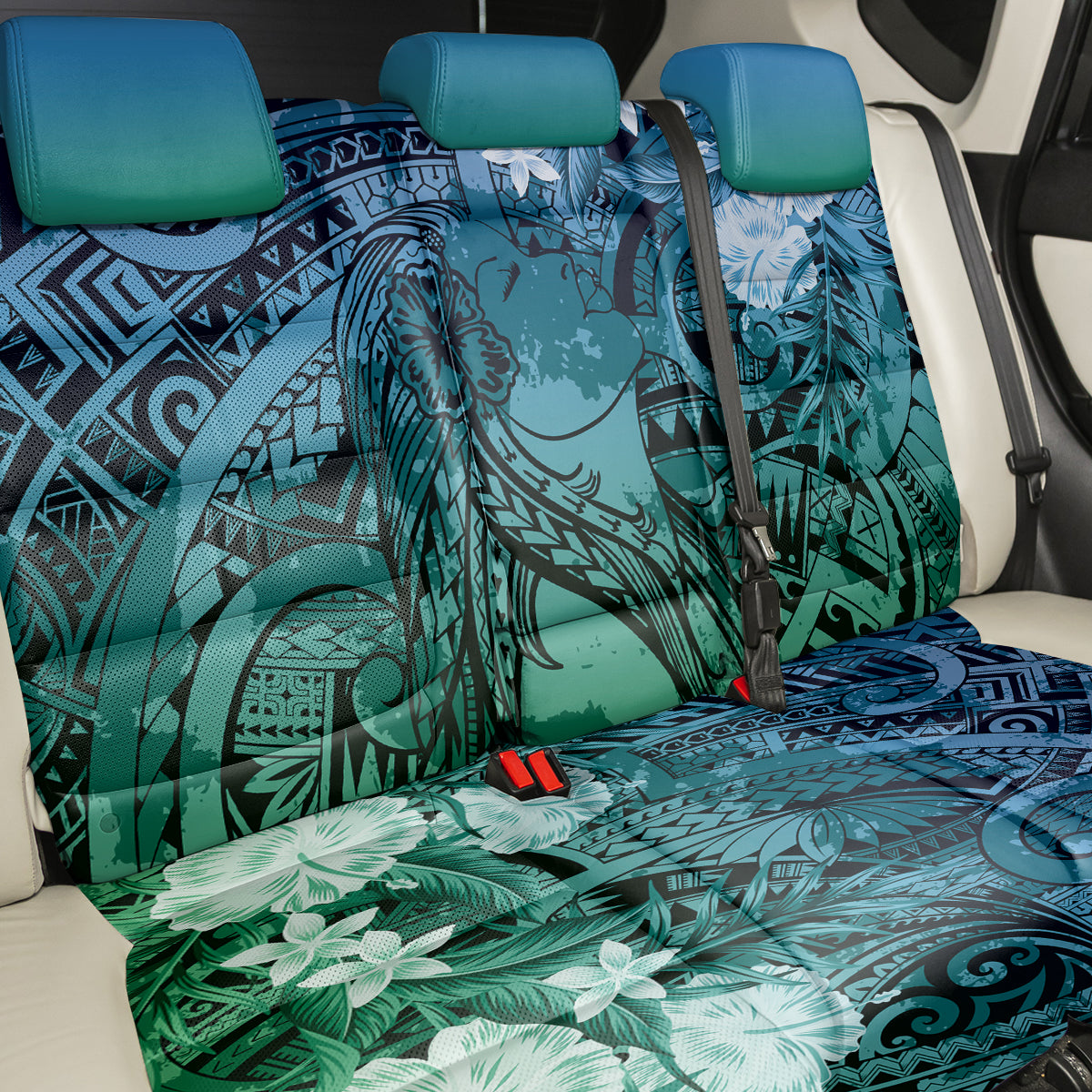 Pacific Beauty Girl Back Car Seat Cover Blue Polyneisan Tribal Vintage Motif