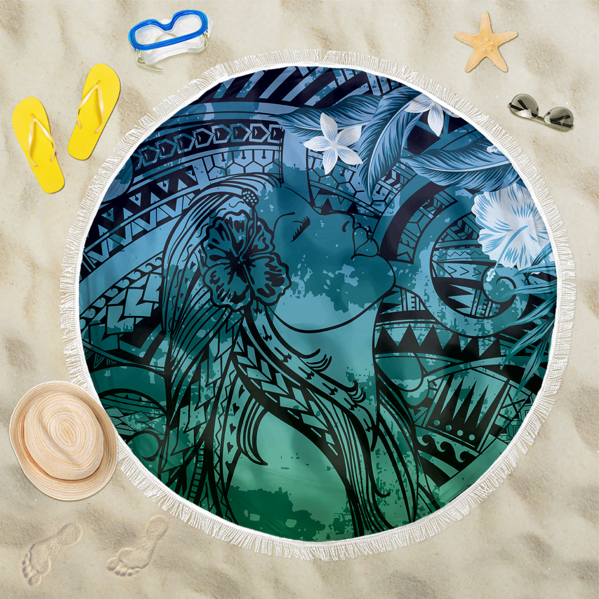 Pacific Beauty Girl Beach Blanket Blue Polyneisan Tribal Vintage Motif LT9 One Size 150cm Blue - Polynesian Pride