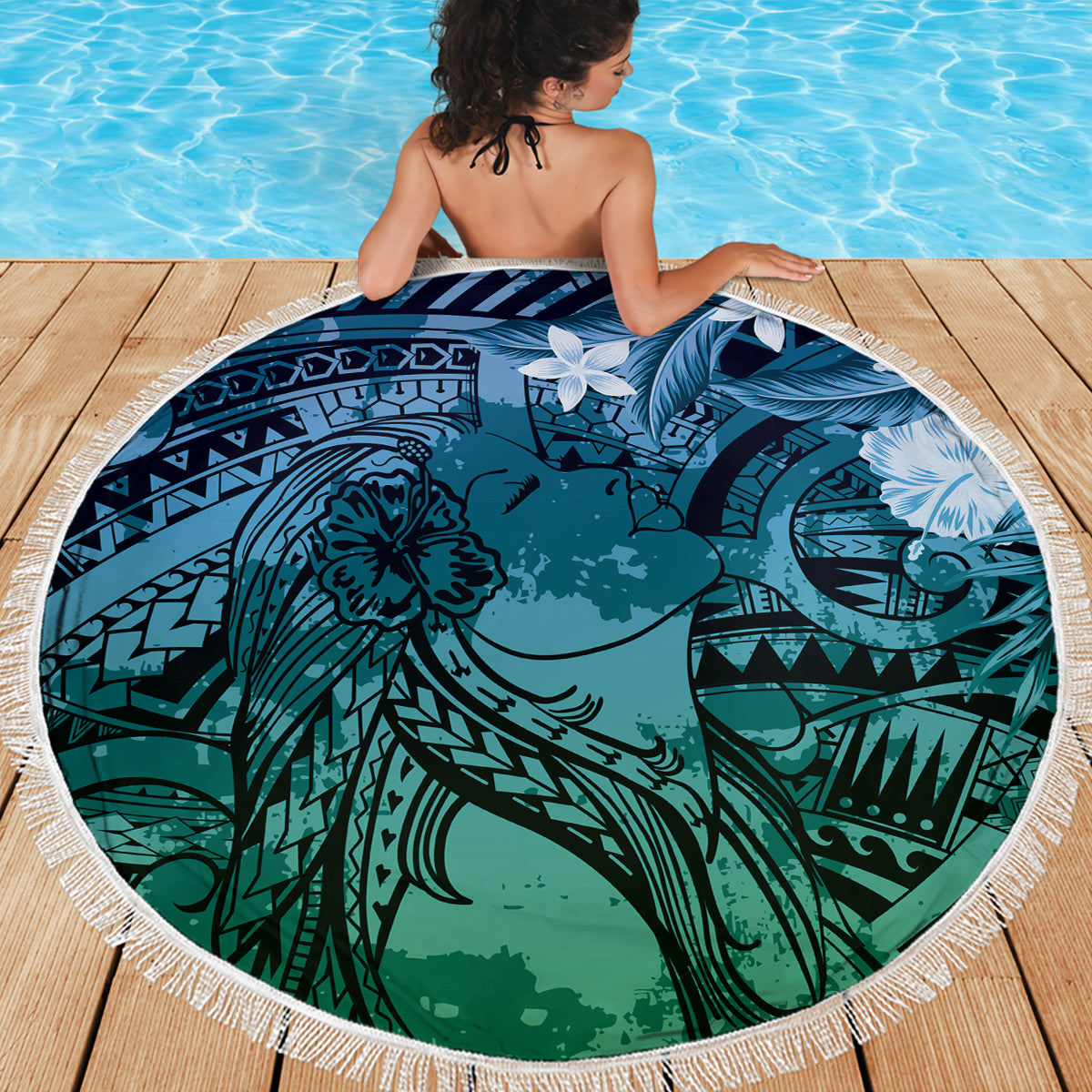 Pacific Beauty Girl Beach Blanket Blue Polyneisan Tribal Vintage Motif LT9 - Polynesian Pride