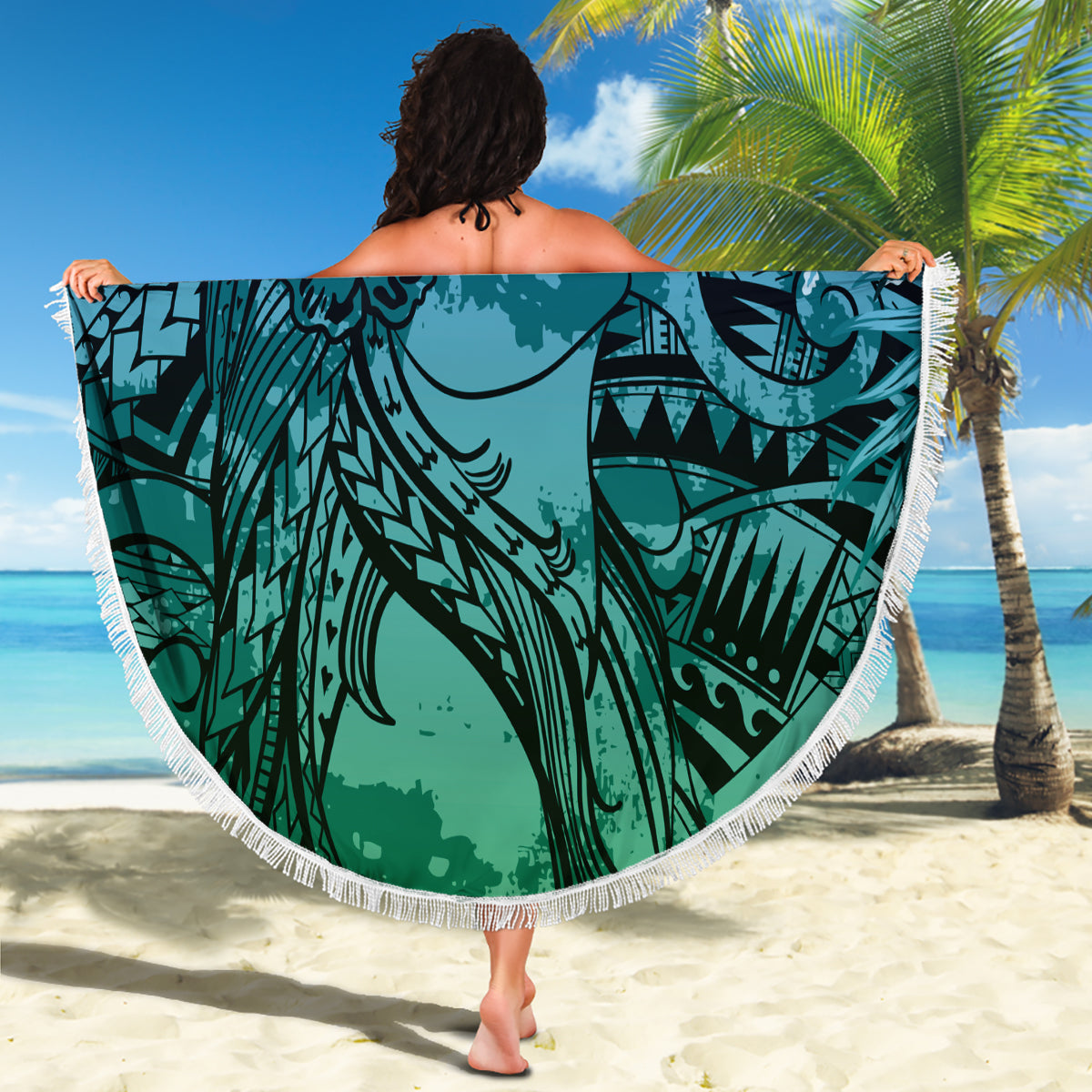 Pacific Beauty Girl Beach Blanket Blue Polyneisan Tribal Vintage Motif LT9 - Polynesian Pride