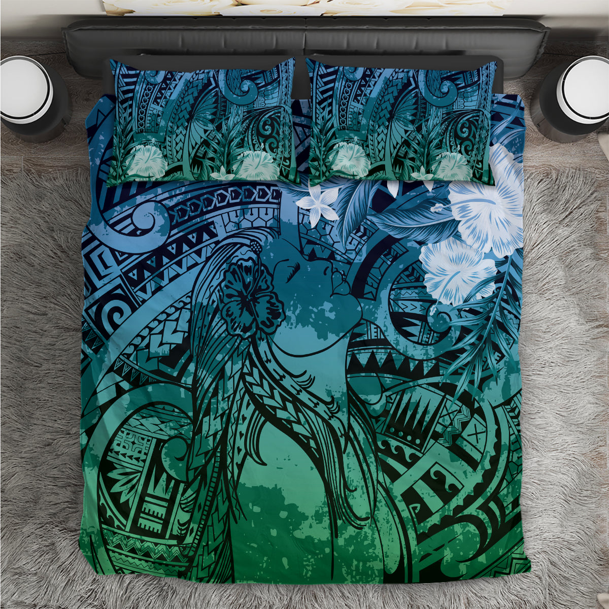 Pacific Beauty Girl Bedding Set Blue Polyneisan Tribal Vintage Motif LT9 Blue - Polynesian Pride