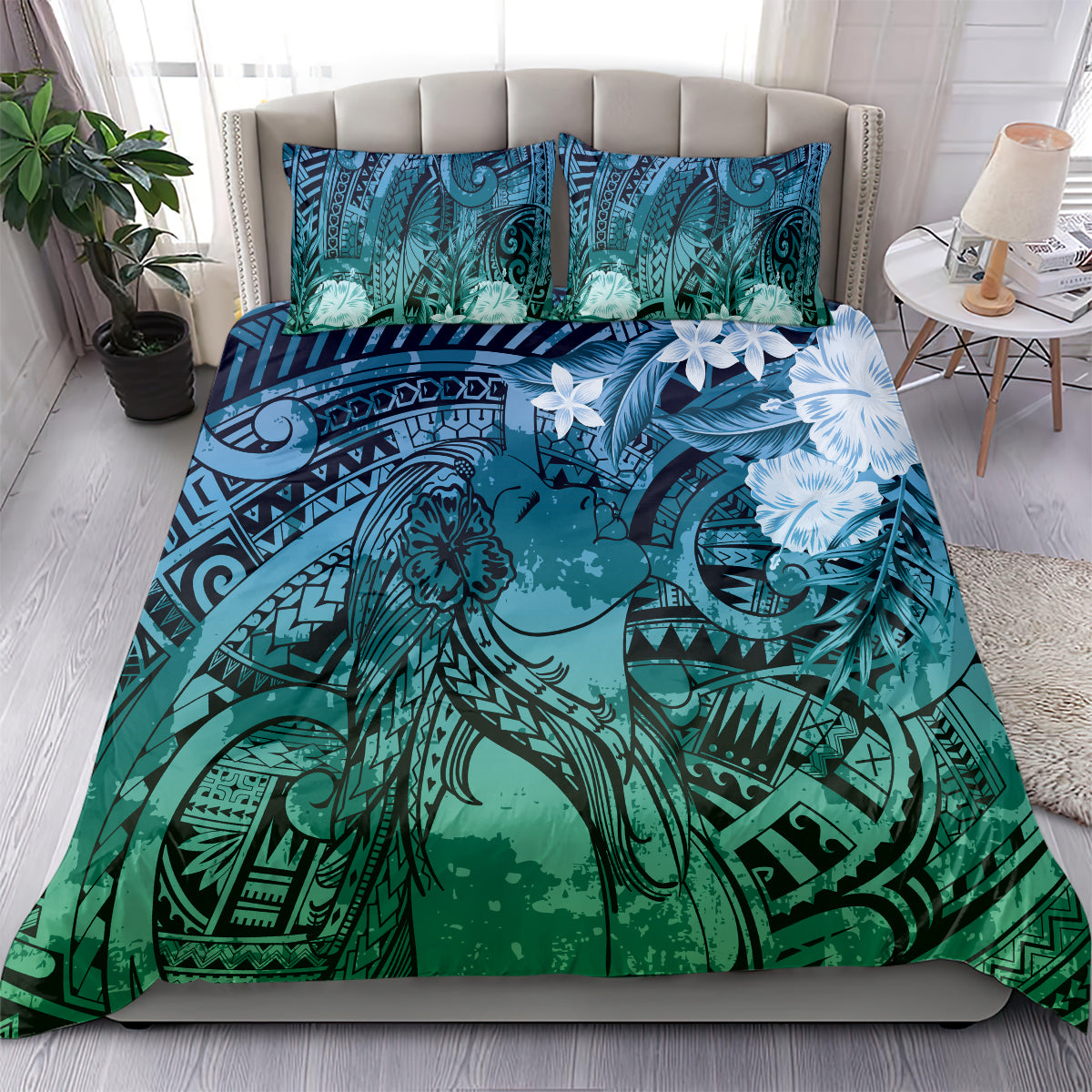 Pacific Beauty Girl Bedding Set Blue Polyneisan Tribal Vintage Motif LT9 - Polynesian Pride