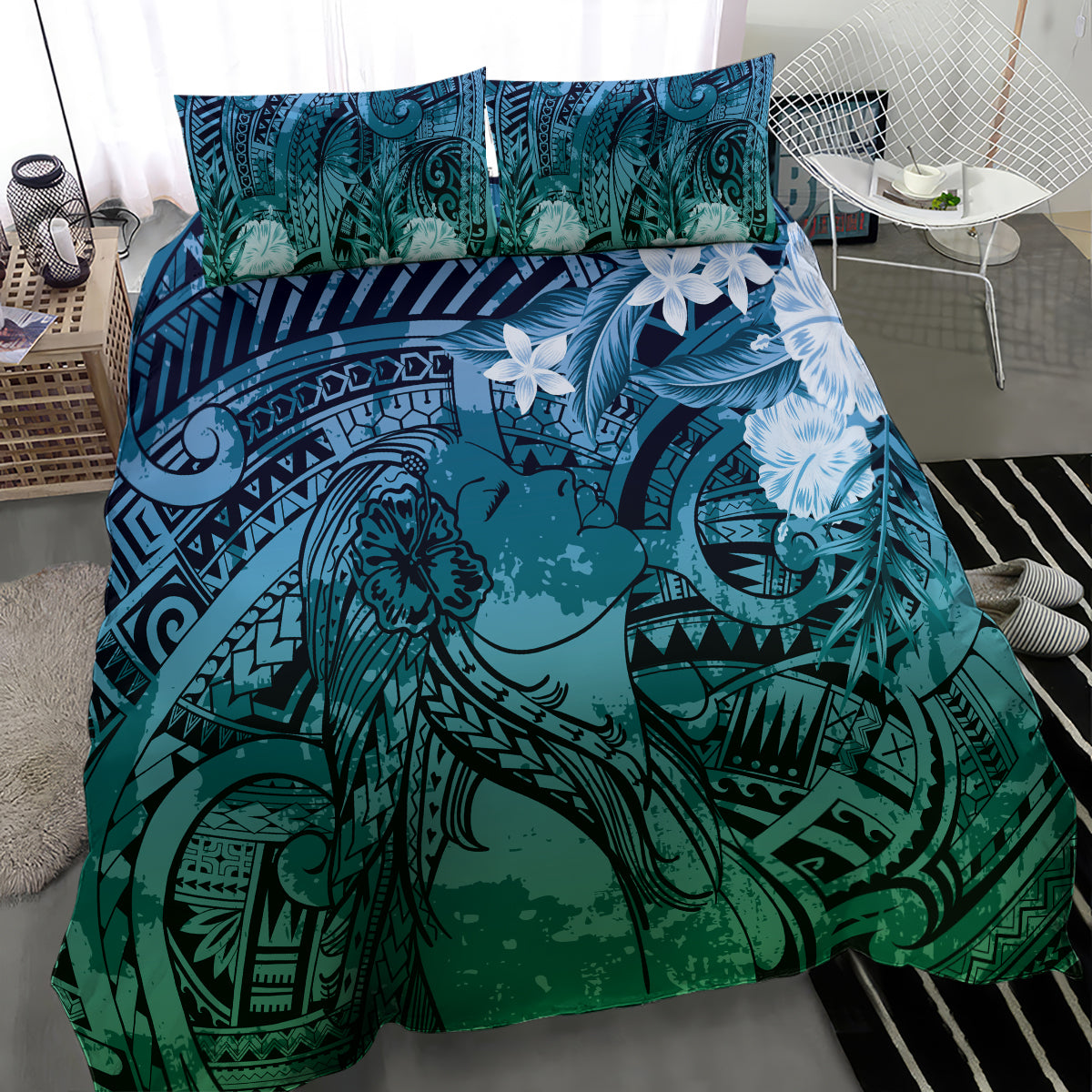 Pacific Beauty Girl Bedding Set Blue Polyneisan Tribal Vintage Motif LT9 - Polynesian Pride