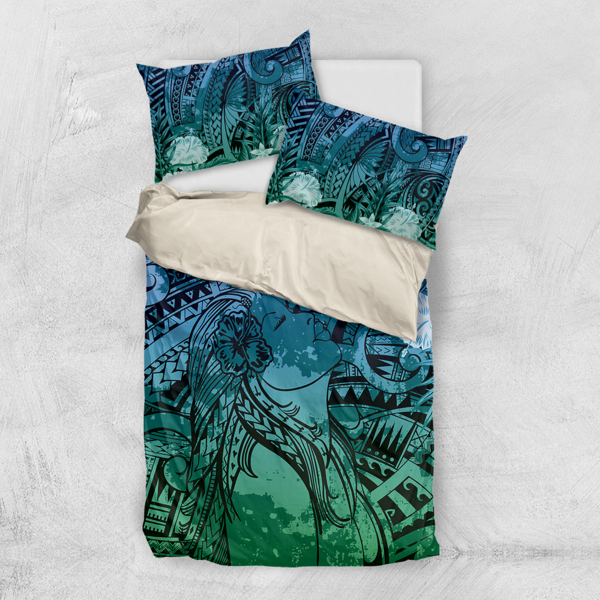 Pacific Beauty Girl Bedding Set Blue Polyneisan Tribal Vintage Motif LT9 US Twin 172cm x 218cm Blue - Polynesian Pride