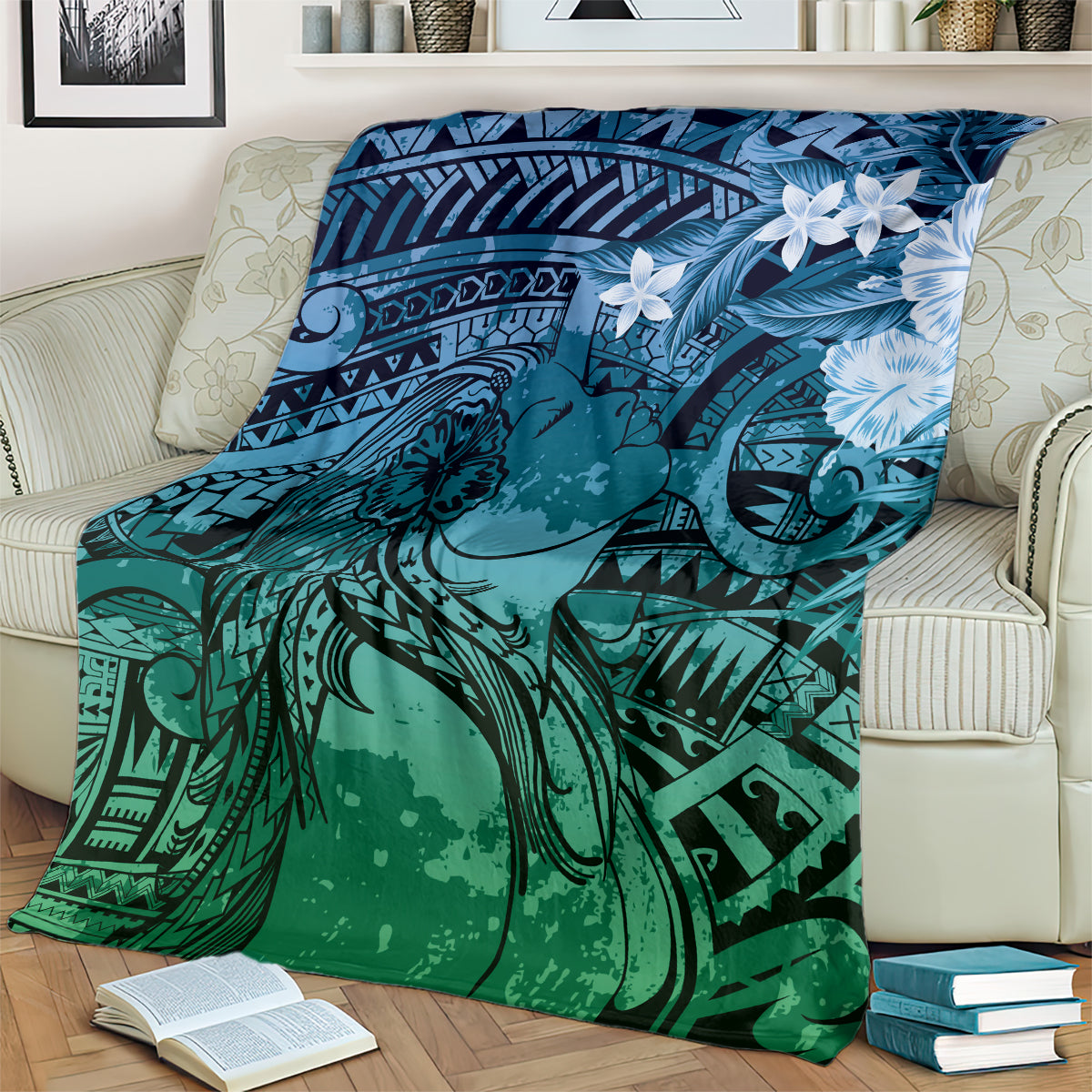 Pacific Beauty Girl Blanket Blue Polyneisan Tribal Vintage Motif LT9 - Polynesian Pride