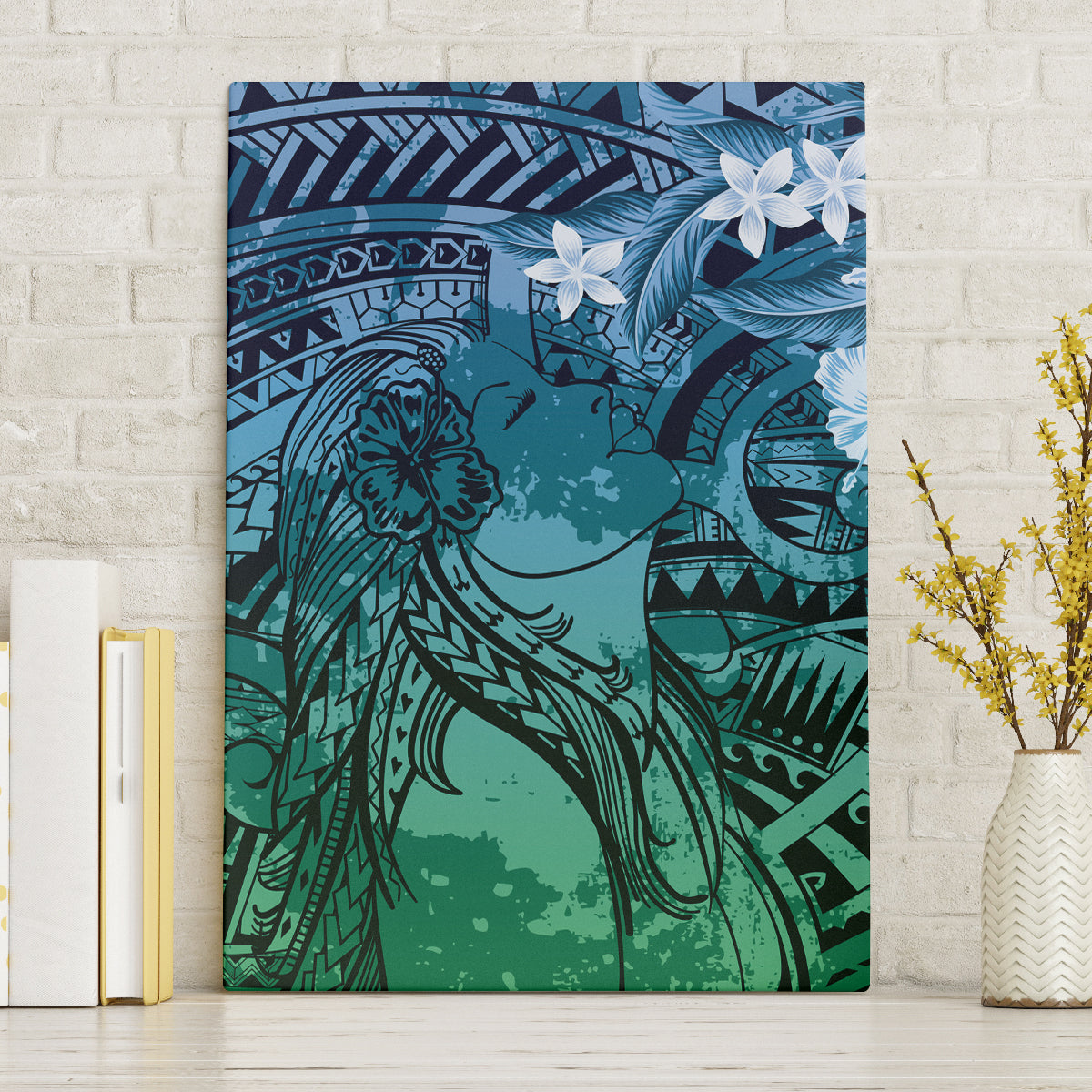 Pacific Beauty Girl Canvas Wall Art Blue Polyneisan Tribal Vintage Motif LT9 Without Frame Blue - Polynesian Pride
