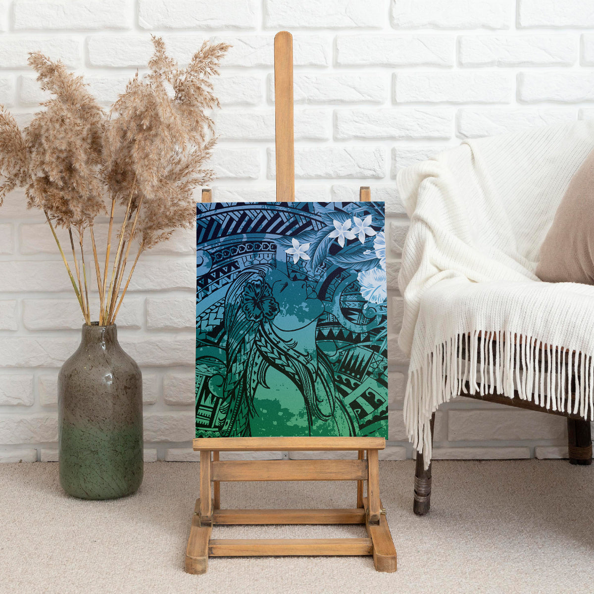 Pacific Beauty Girl Canvas Wall Art Blue Polyneisan Tribal Vintage Motif LT9 - Polynesian Pride