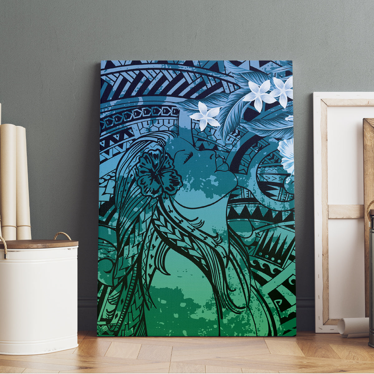 Pacific Beauty Girl Canvas Wall Art Blue Polyneisan Tribal Vintage Motif LT9 - Polynesian Pride