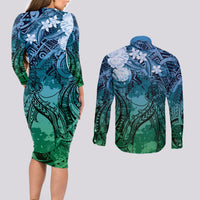 Pacific Beauty Girl Couples Matching Long Sleeve Bodycon Dress and Long Sleeve Button Shirt Blue Polyneisan Tribal Vintage Motif