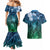 Pacific Beauty Girl Couples Matching Mermaid Dress and Hawaiian Shirt Blue Polyneisan Tribal Vintage Motif