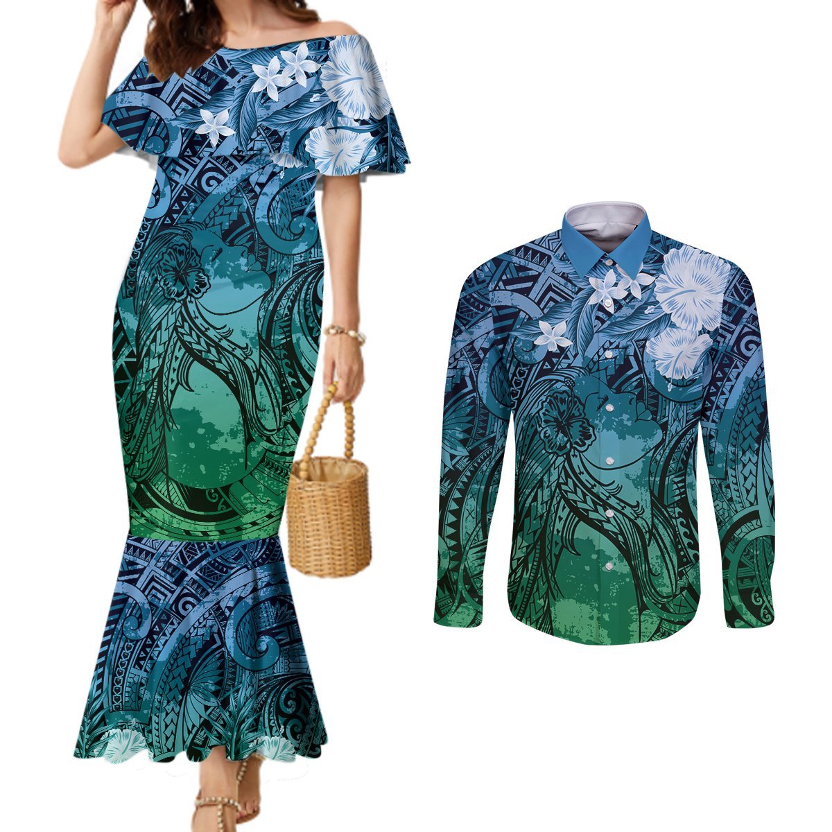 Pacific Beauty Girl Couples Matching Mermaid Dress and Long Sleeve Button Shirt Blue Polyneisan Tribal Vintage Motif LT9 Blue - Polynesian Pride