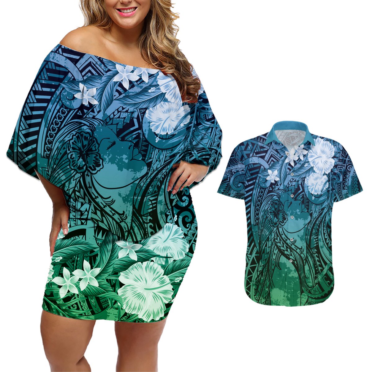 Pacific Beauty Girl Couples Matching Off Shoulder Short Dress and Hawaiian Shirt Blue Polyneisan Tribal Vintage Motif
