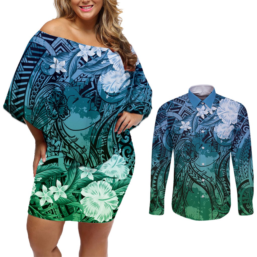 Pacific Beauty Girl Couples Matching Off Shoulder Short Dress and Long Sleeve Button Shirt Blue Polyneisan Tribal Vintage Motif