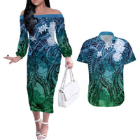 Pacific Beauty Girl Couples Matching Off The Shoulder Long Sleeve Dress and Hawaiian Shirt Blue Polyneisan Tribal Vintage Motif