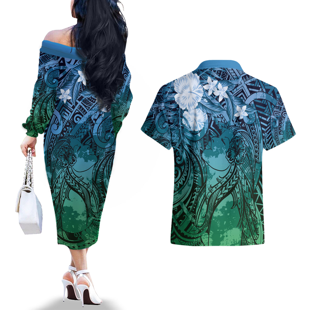 Pacific Beauty Girl Couples Matching Off The Shoulder Long Sleeve Dress and Hawaiian Shirt Blue Polyneisan Tribal Vintage Motif