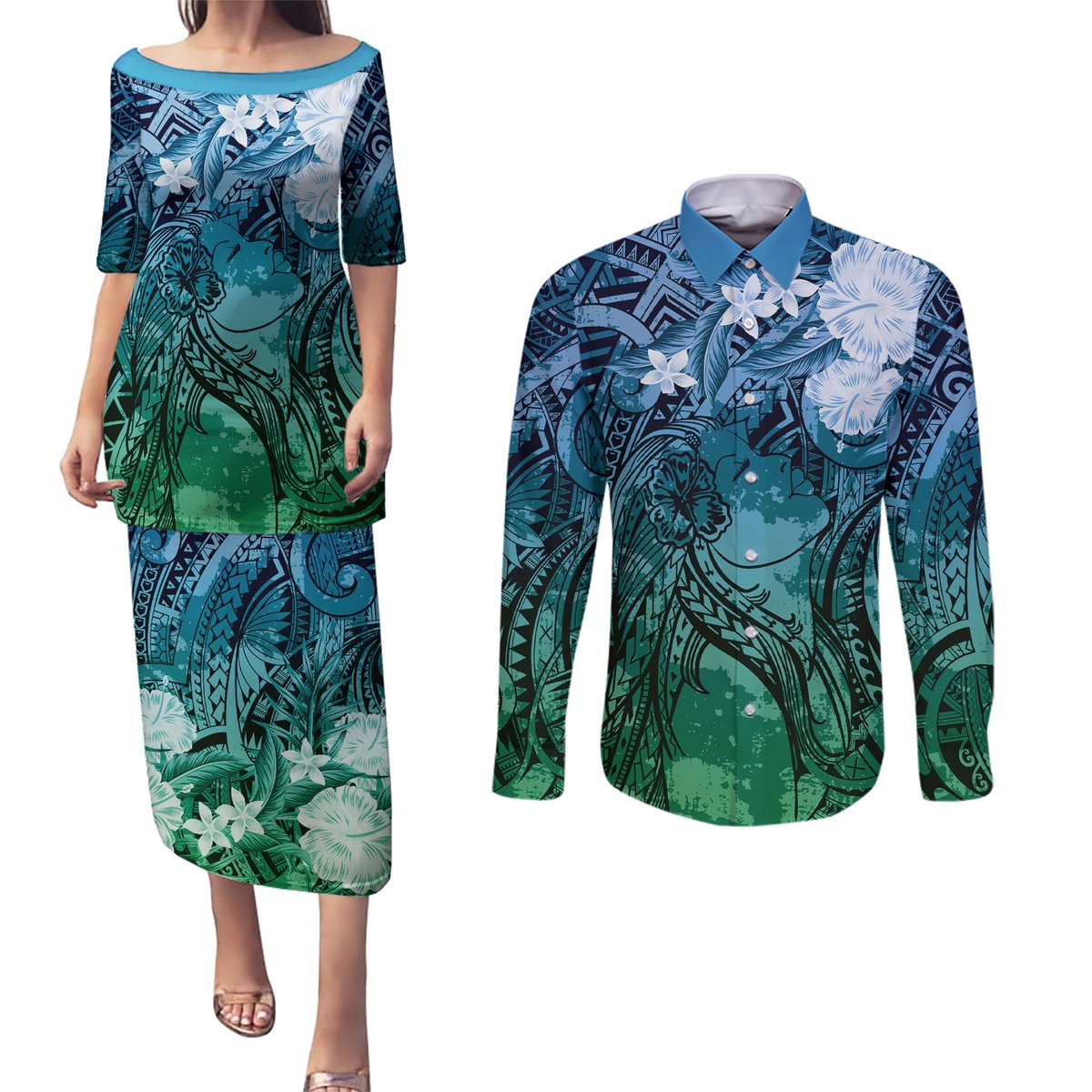 Pacific Beauty Girl Couples Matching Puletasi and Long Sleeve Button Shirt Blue Polyneisan Tribal Vintage Motif