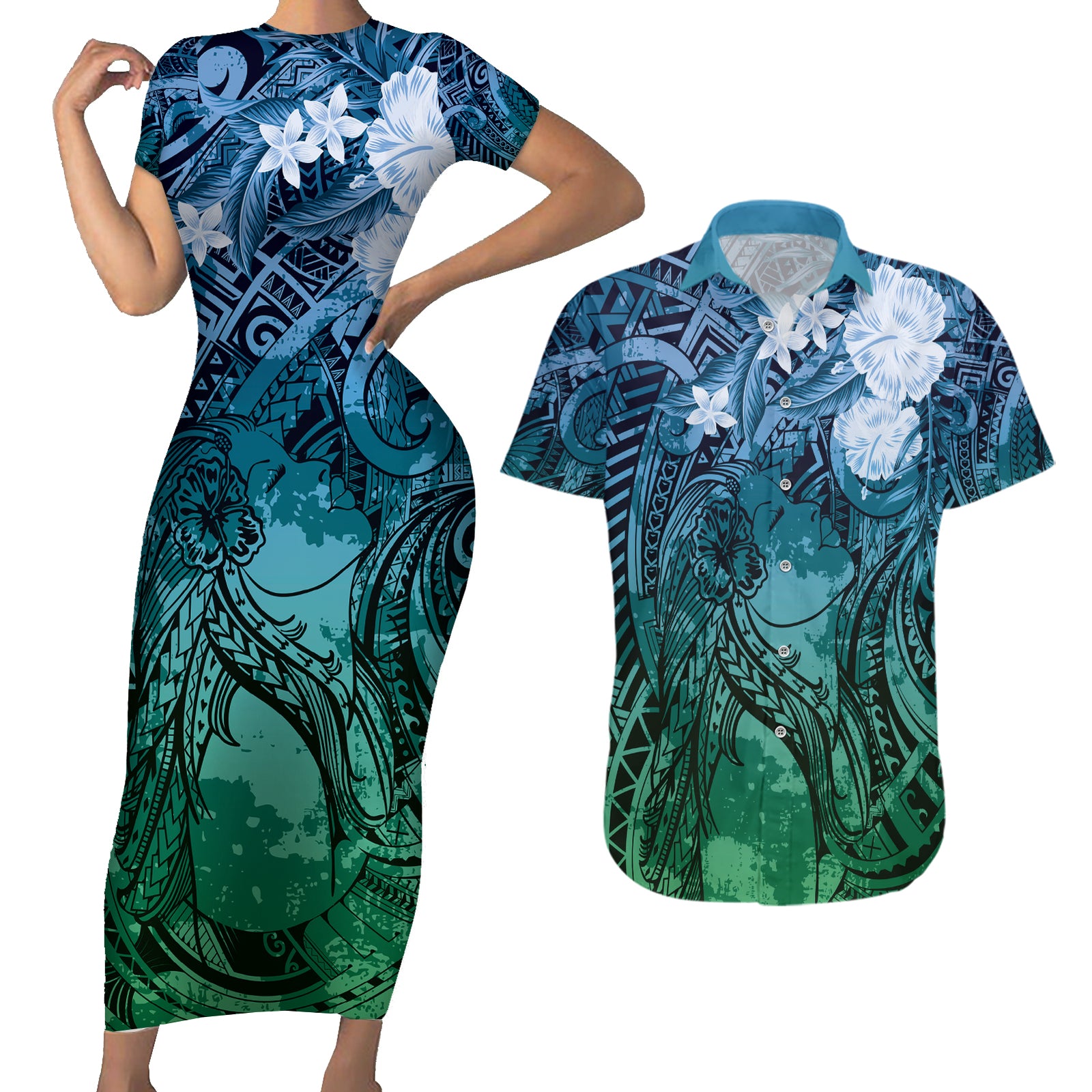 Pacific Beauty Girl Couples Matching Short Sleeve Bodycon Dress and Hawaiian Shirt Blue Polyneisan Tribal Vintage Motif LT9 Blue - Polynesian Pride