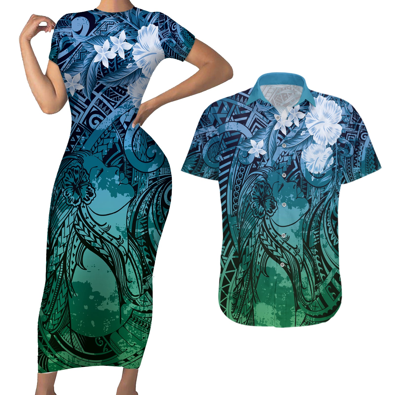 Pacific Beauty Girl Couples Matching Short Sleeve Bodycon Dress and Hawaiian Shirt Blue Polyneisan Tribal Vintage Motif